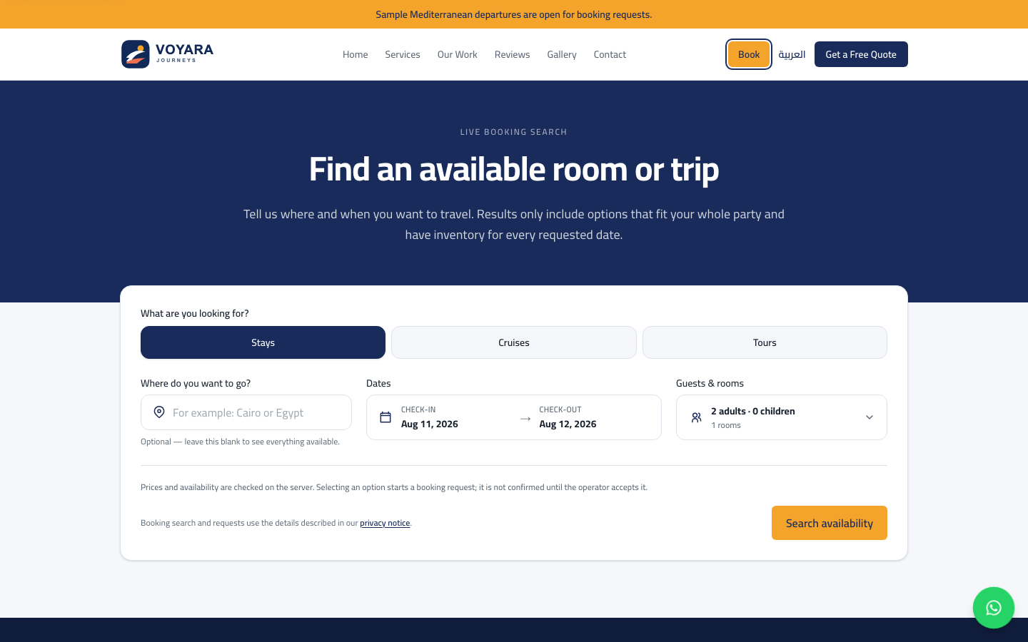 Voyara room and trip availability search shown in a desktop browser