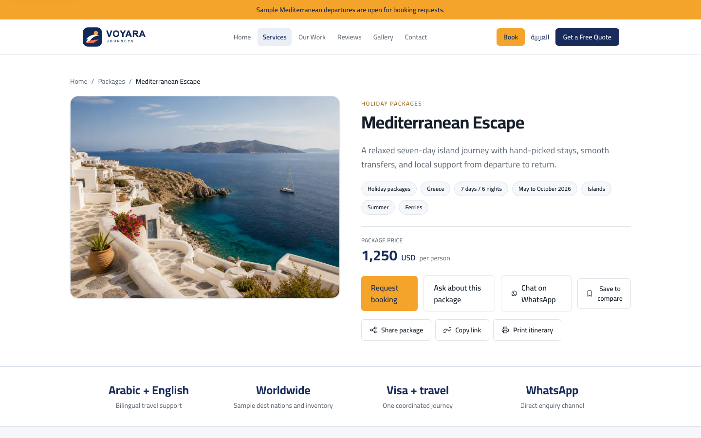Voyara package detail page with a trip gallery, itinerary, FAQs and enquiry actions